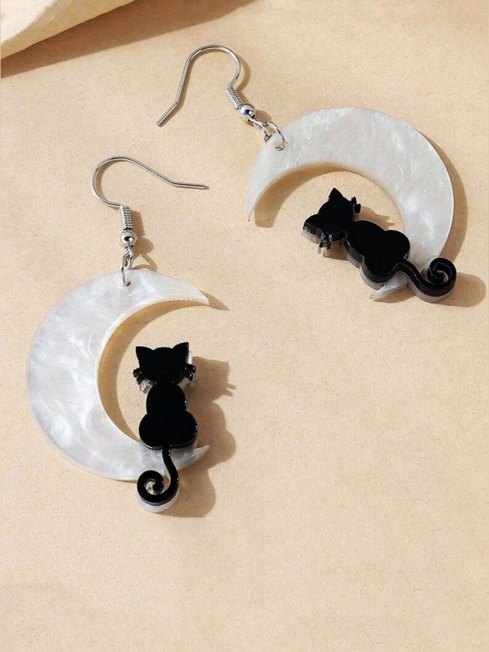 Pearlescent Moon Earrings with Black Cat Silhouettes
